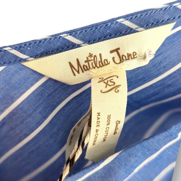 Matilda Jane Womens Sundress Sz XS Chambray Blue Striped Gold Tie Shoulder Dress - Picture 5 of 8